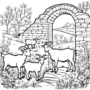 Rasante Ziegenfamilie vor einer alten Mauer Ausmalbild für kleine Naturentdecker