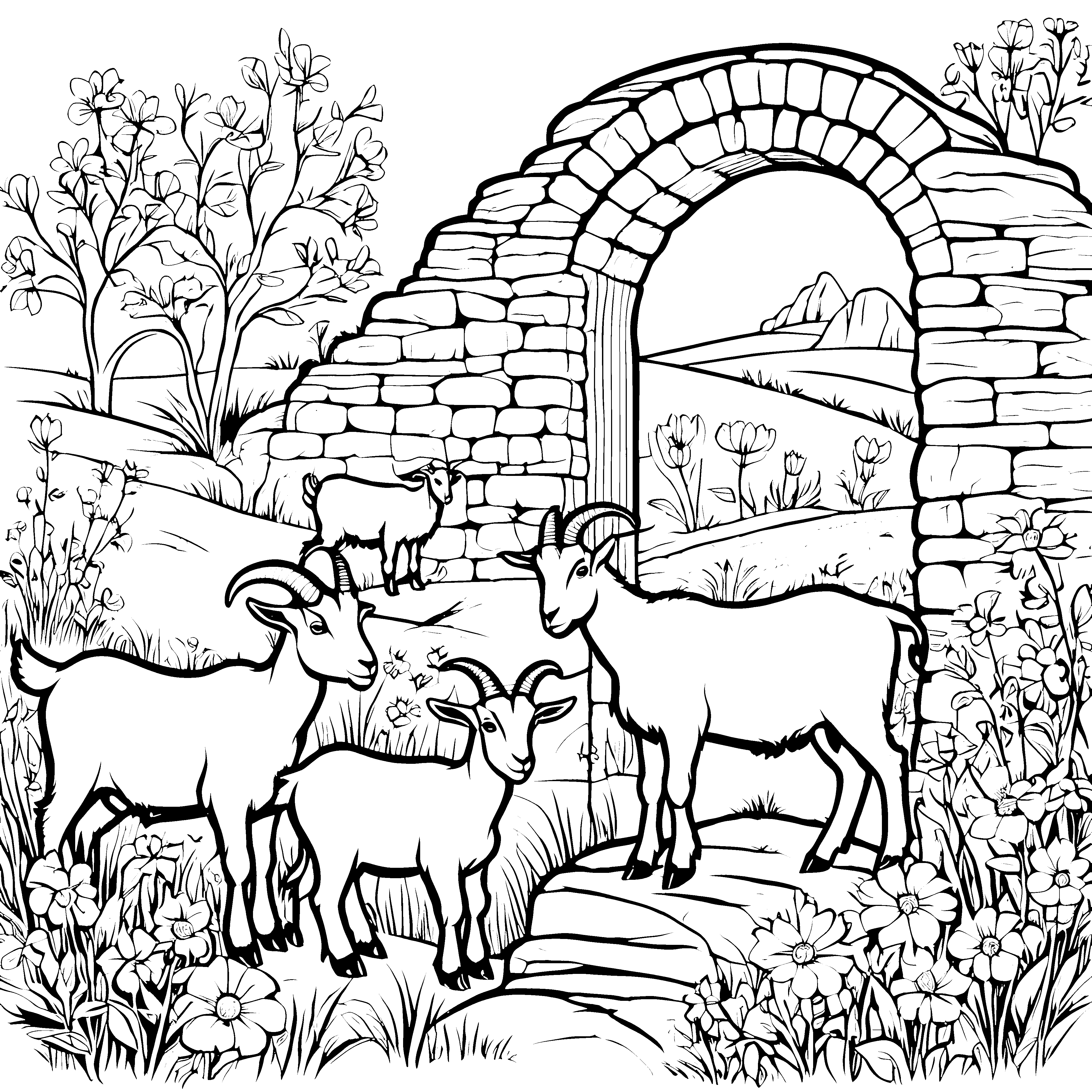 Rasante Ziegenfamilie vor einer alten Mauer Ausmalbild für kleine Naturentdecker