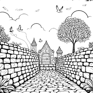 Zauberhafte Mauer mit geheimnisvollem Tor Ausmalvorlage für kreative Entdecker