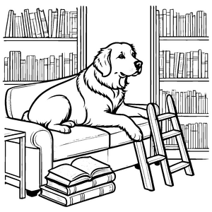 Charmanter Golden Retriever auf gemütlichem Sofa Ausmalbild für wissbegierige Bücherfreunde