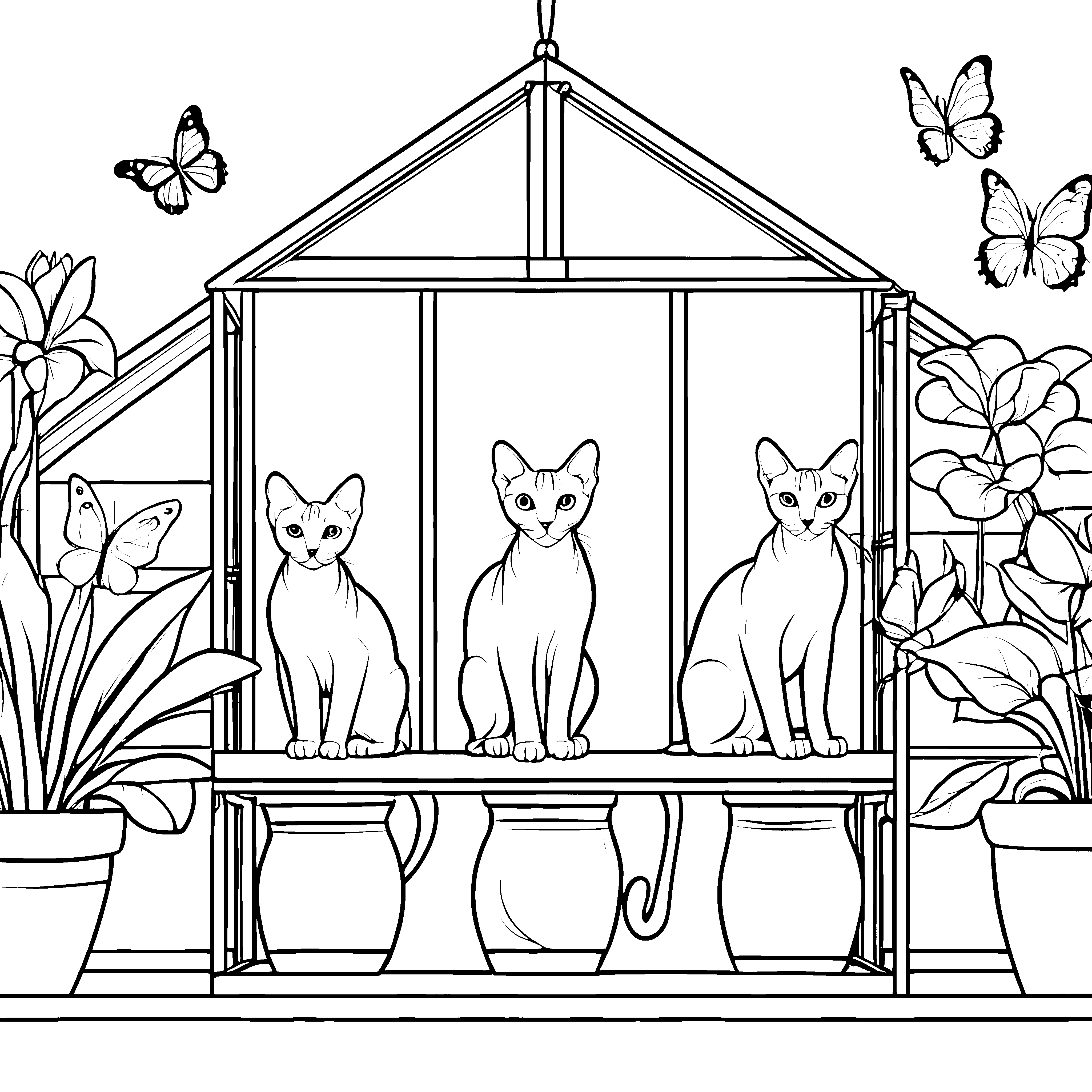 Sphynx Katzen im bunten Gewächshaus Ausmalvorlage für kreative Tierfreunde