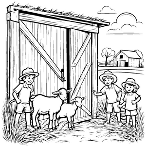 Fröhliche Kinder mit Ziegen auf dem Bauernhof Ausmalbild für neugierige Naturentdecker