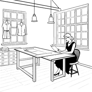 Kreative Schneiderin am Arbeitstisch Ausmalbild für junge Designer