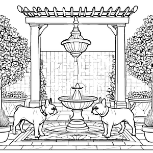 Französische Bulldoggen erkunden den blühenden Garten Ausmalbild für neugierige Gartenentdecker