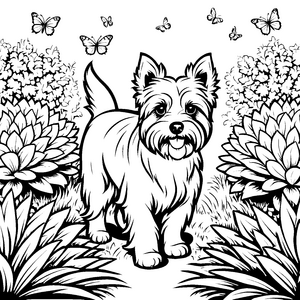 Yorckshire Terrier in blühendem Garten Ausmalbild für fröhliche Tierliebhaber