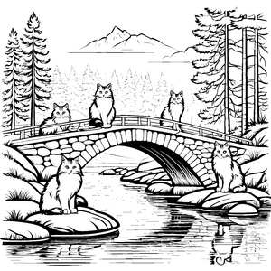 Fünf majestätische Norwegische Waldkatzen auf der Brücke Ausmalvorlage für abenteuerliche Tierentdecker