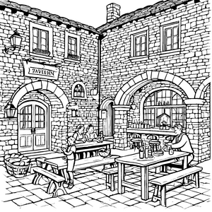 Einladende Taverne mit fröhlichen Gästen Ausmalbild für kleine Entdecker