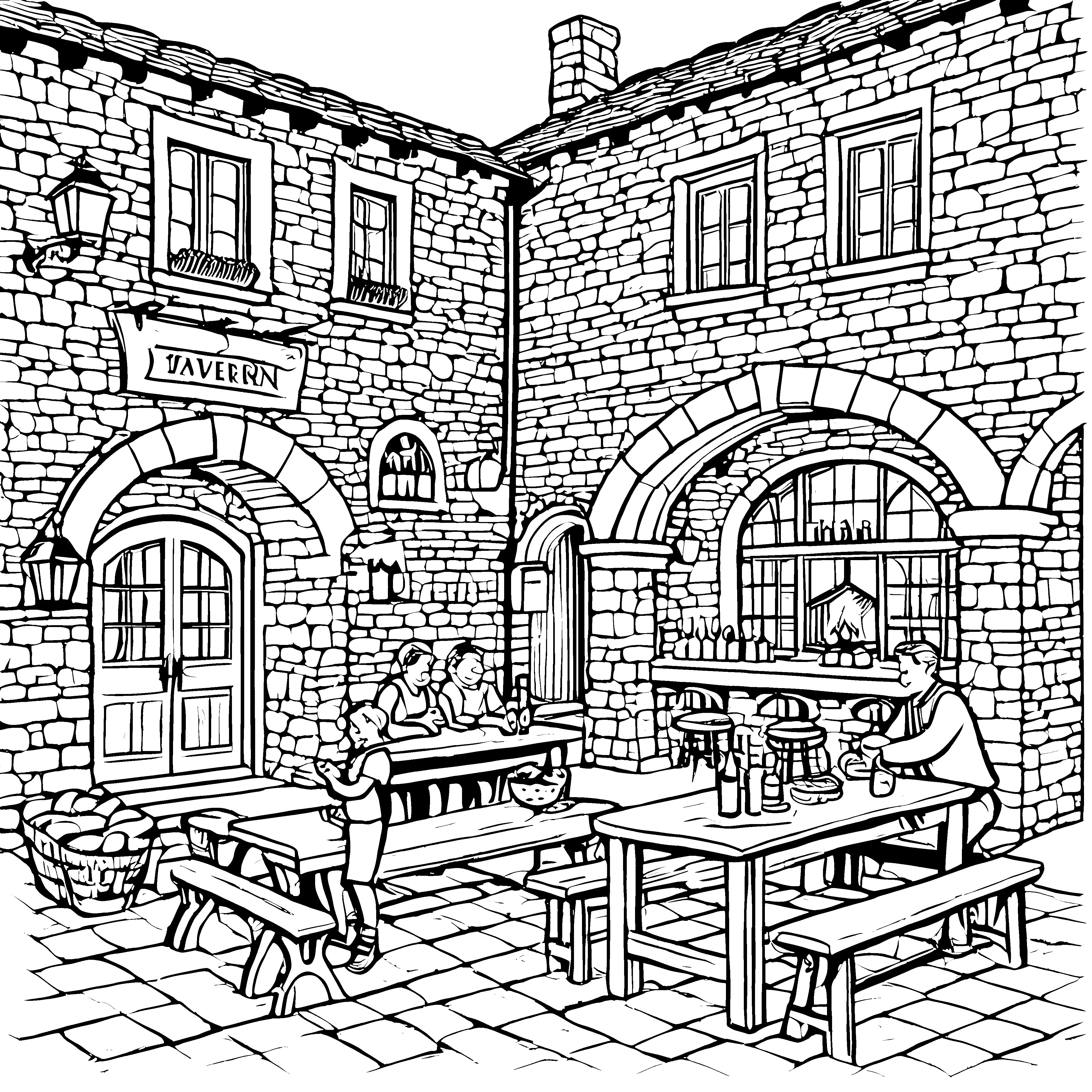 Einladende Taverne mit fröhlichen Gästen Ausmalbild für kleine Entdecker