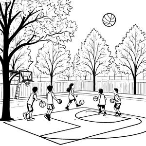 Spannendes Basketballspiel unter bunten Bäumen Ausmalbild für sportliche Entdecker