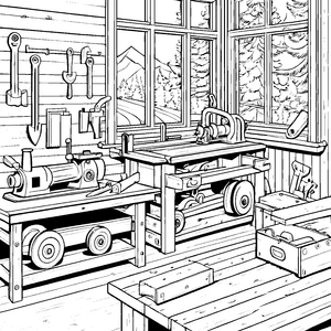Futuristische Holzwerkstatt mit spannenden Werkzeugen Ausmalvorlage für kleine Erfinder