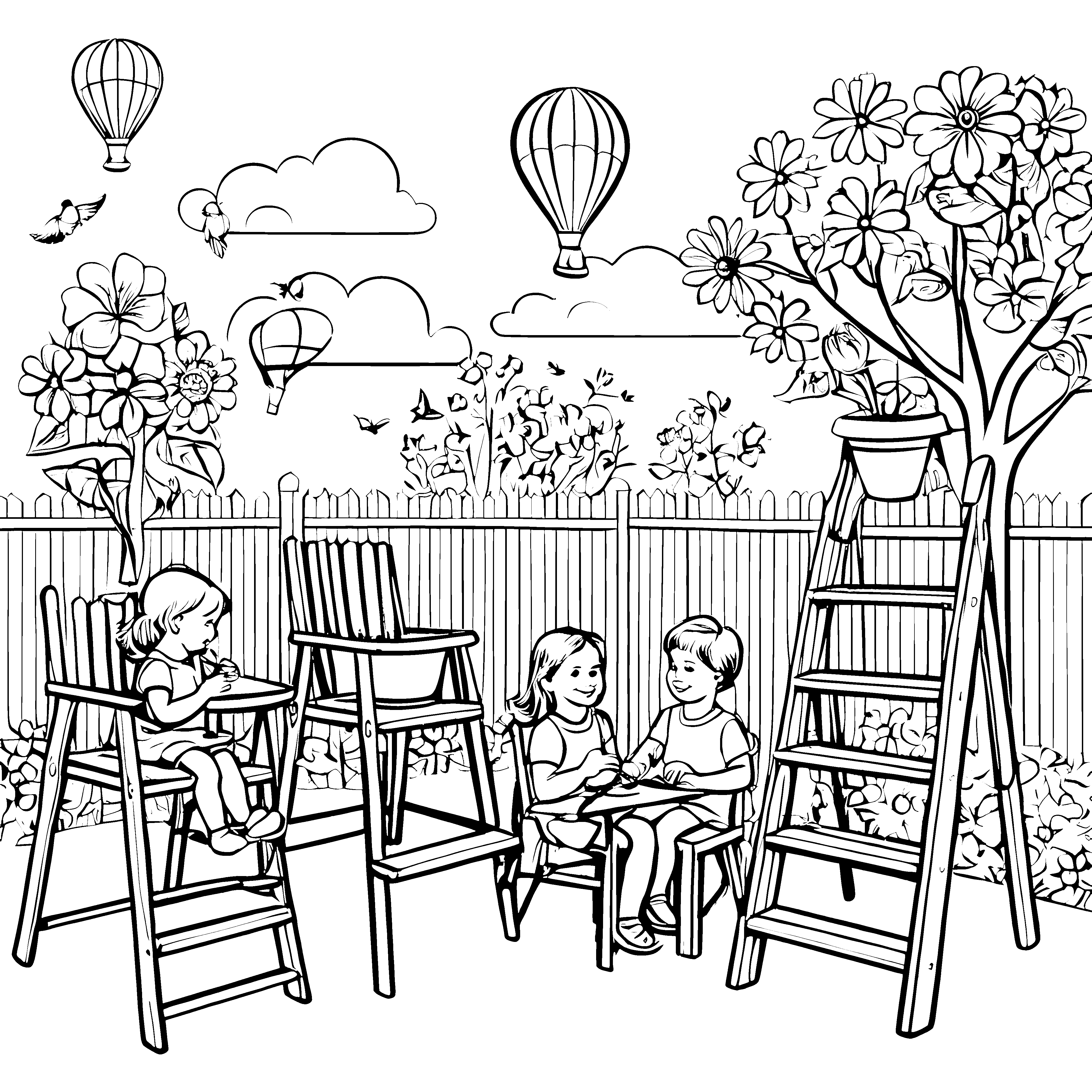 Fröhliche Kinder am bunten Hochstuhl-Abenteuer Ausmalbild für kleine Entdecker