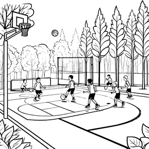 Flinke Basketballspieler im Park Ausmalbild für sportliche Entdecker