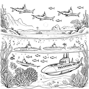 Faszinierende U-Boote unter Wasser Ausmalvorlage für neugierige Entdecker