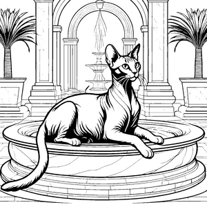 Sphynx Katze auf majestätischer Brunnenbank Ausmalbild für stolze Katzenliebhaber