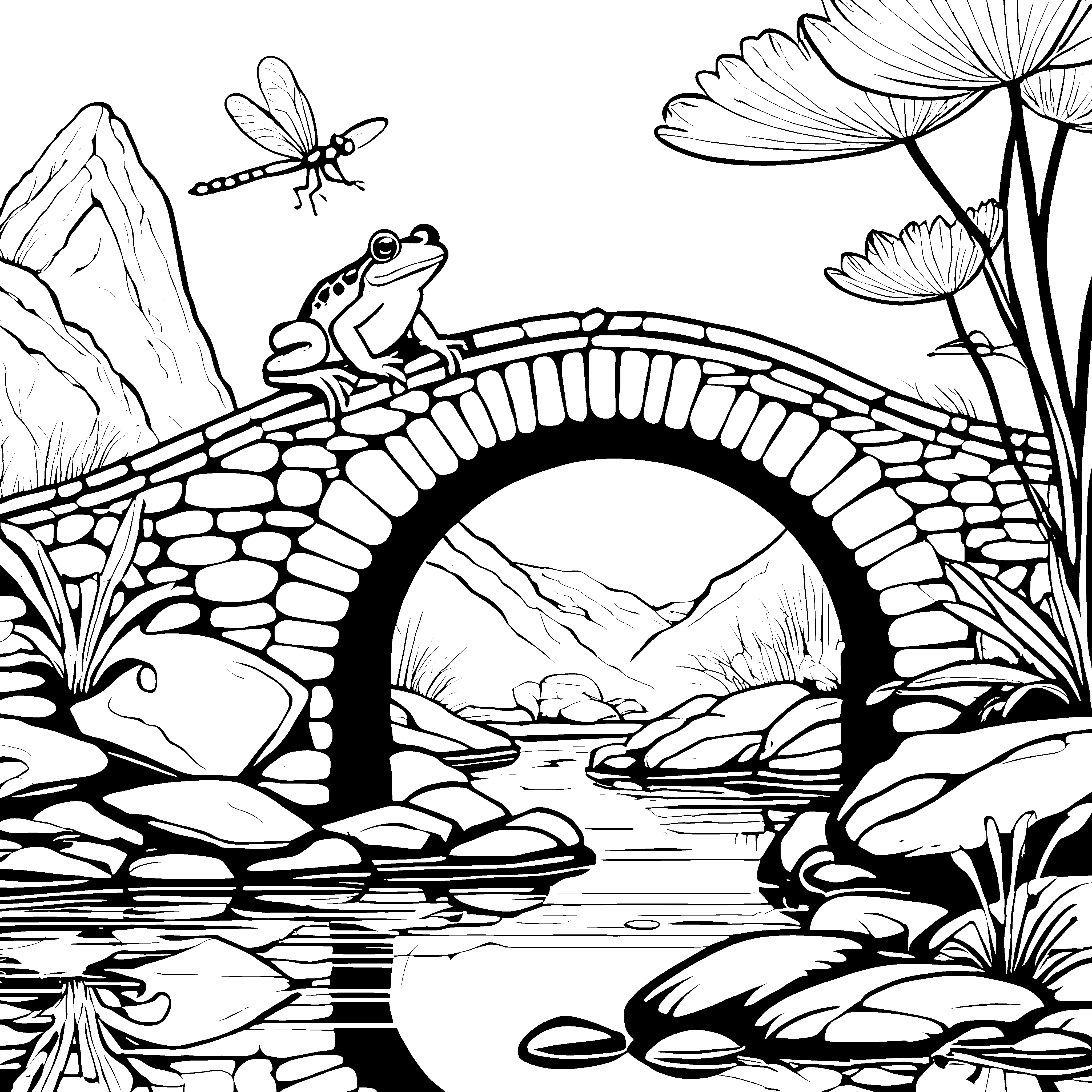 Fröhliche Kröte auf der malerischen Brücke Ausmalbild für neugierige Naturfreunde