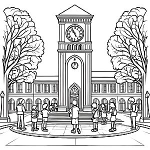Beeindruckendes Universitätsgebäude mit fröhlichen Studierenden Ausmalvorlage für wissbegierige Entdecker