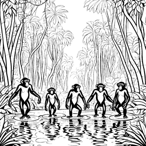 Fünf neugierige Bonobos beim Wasserlauf Ausmalvorlage für abenteuerlustige Tierfreunde