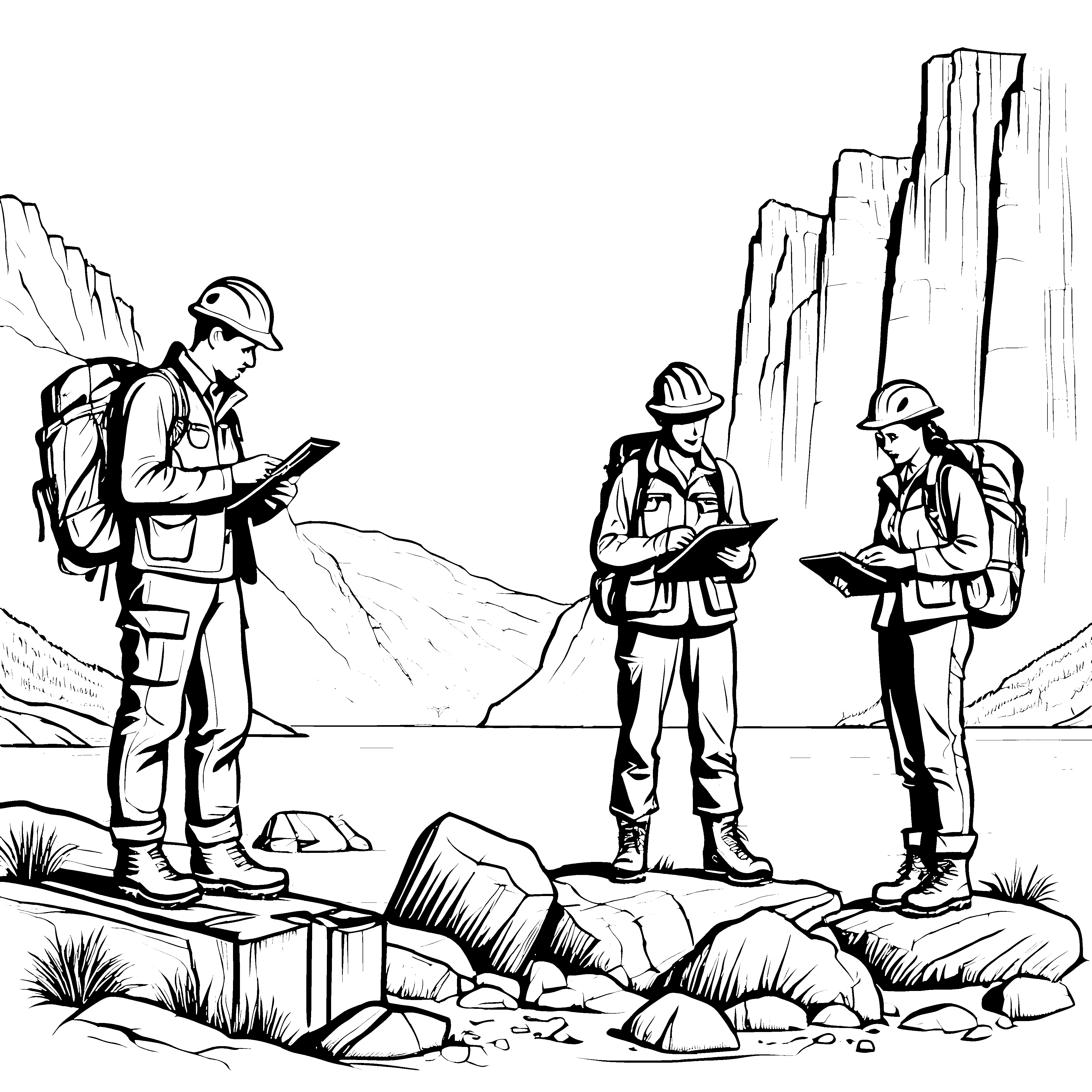 Entdeckende Geologen in beeindruckender Berglandschaft Ausmalvorlage für angehende Naturforscher