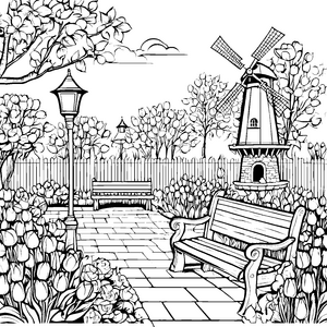 Einladende Gartenbank im bunten Blumengarten Ausmalbild für fröhliche Naturfans