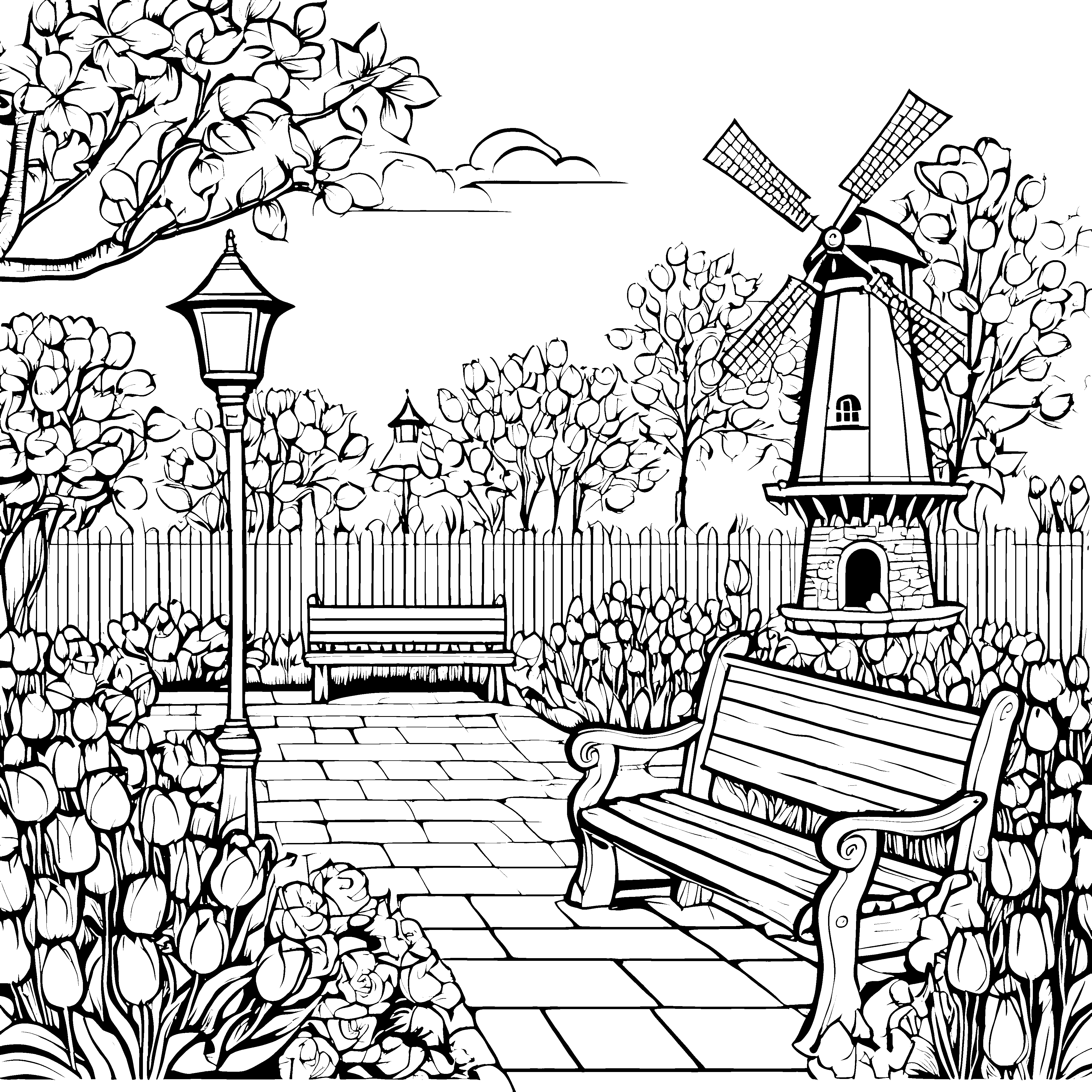 Einladende Gartenbank im bunten Blumengarten Ausmalbild für fröhliche Naturfans