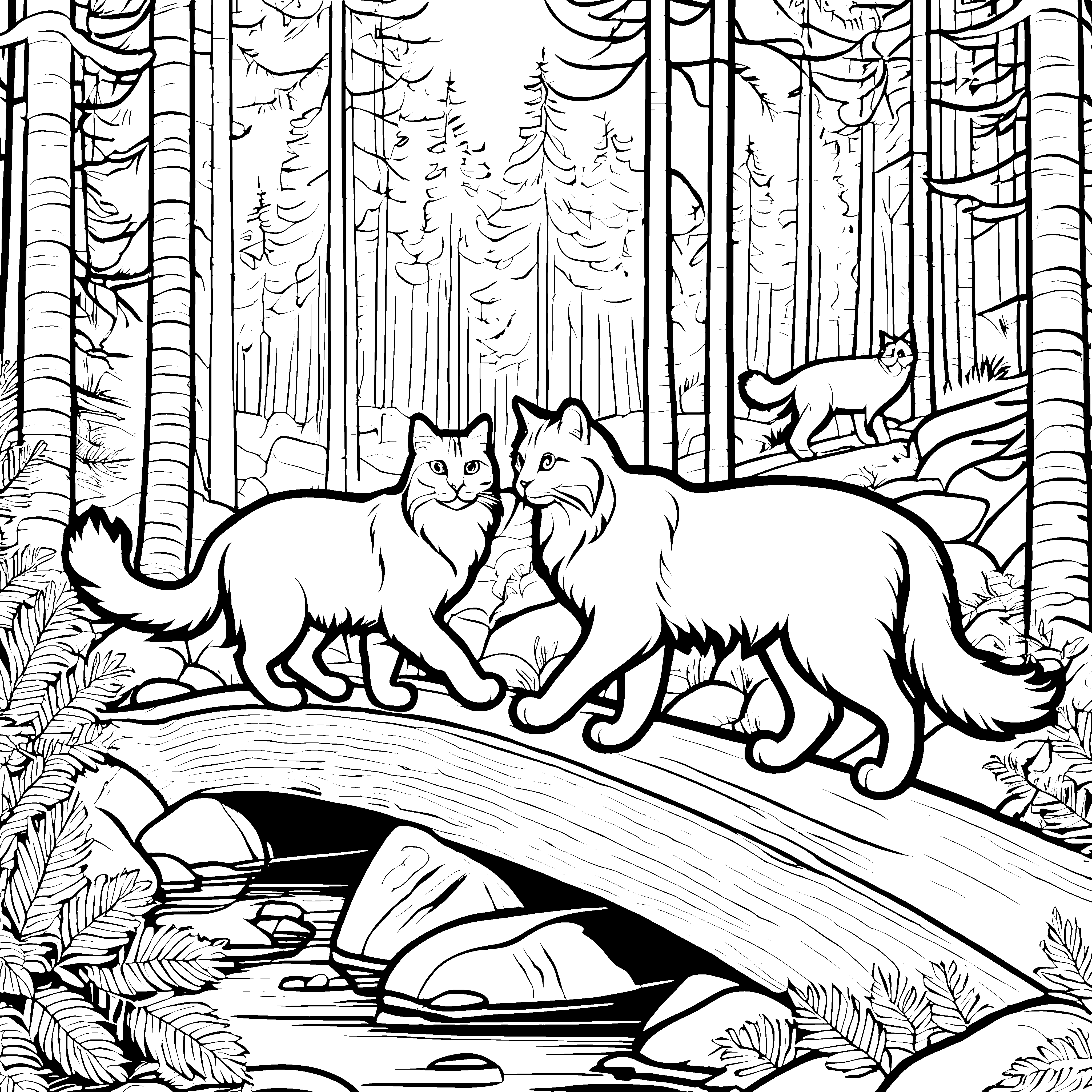 Rustikale Norwegische Waldkatzen auf einem Baumstamm Ausmalbild für kreative Naturentdecker