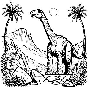 Majestätischer Brachiosaurus in tropischer Landschaft Ausmalbild für abenteuerliche Dinofans