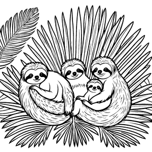 Spaßige Faultierfamilie im tropischen Dschungel Ausmalmotiv für fantasievolle Tierfreunde