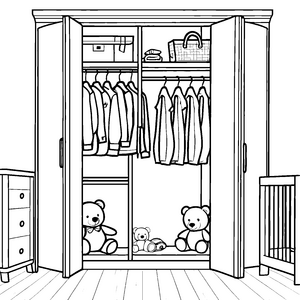 Bunter Kleiderschrank mit kuscheligen Teddys Ausmalvorlage für kleine Ordnungskünstler