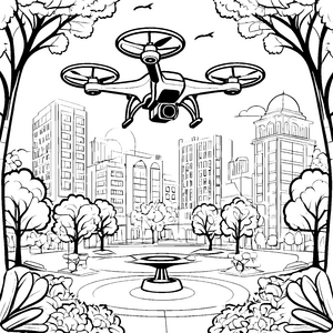 Futuristische Drohne über dem Stadtpark Ausmalmotiv für kleine Technikfans