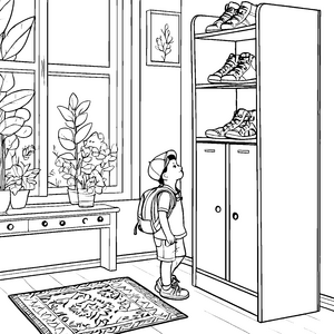 Neugieriger Junge entdeckt bunten Schuhschrank Ausmalmotiv für kleine Entdecker