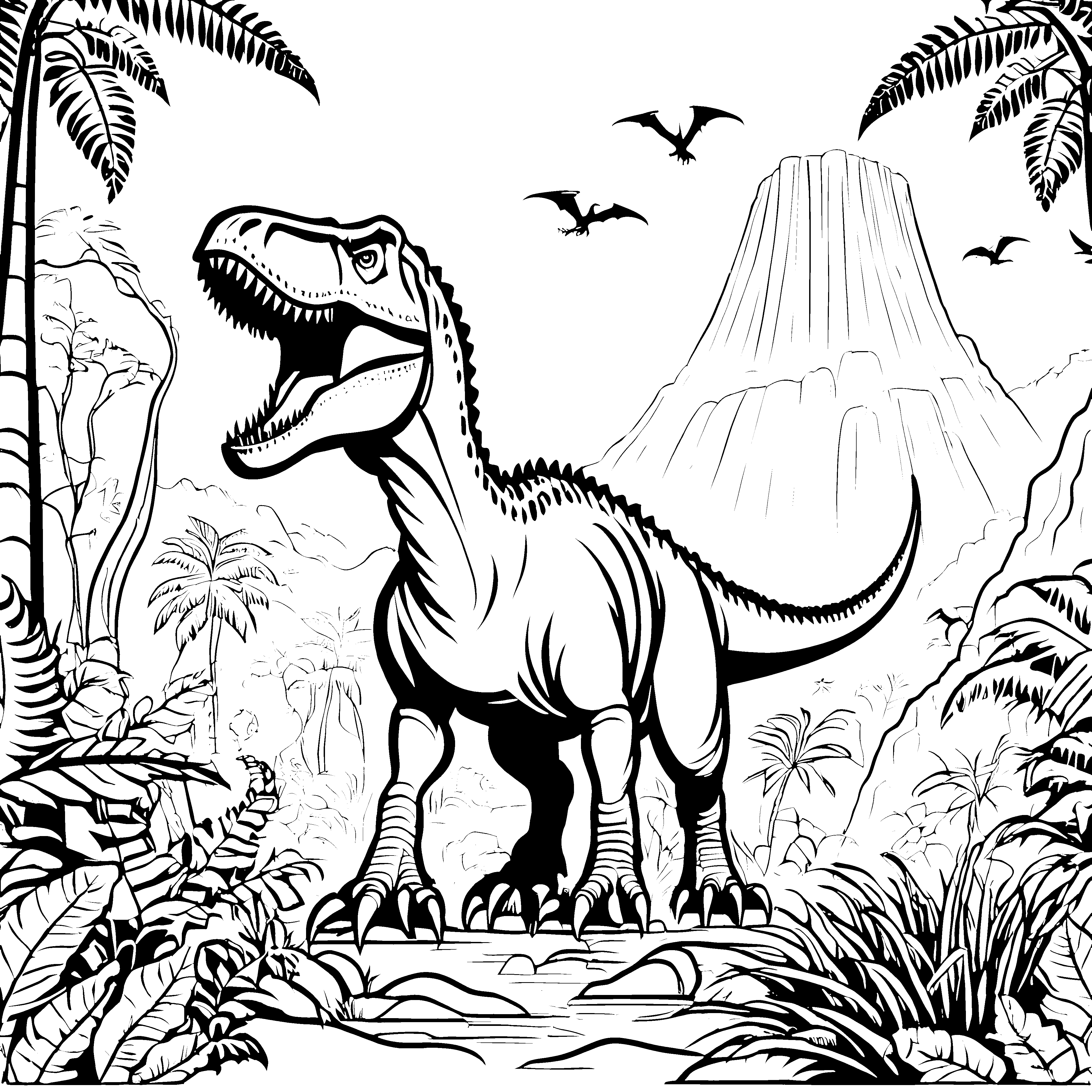 Gigantischer Tyrannosaurus Rex im Dschungel Ausmalbild für furchtlose Entdecker
