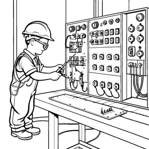 Kreativer Elektriker bei der Arbeit Malvorlage für junge Technikfreunde