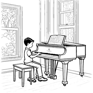 Kreativer Junge am eleganten Klavier Malvorlage für musikalische Entdecker