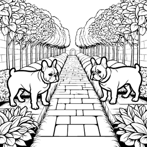 Zwei neugierige Französische Bulldoggen im Garten Ausmalbild für sanfte Tierfreunde