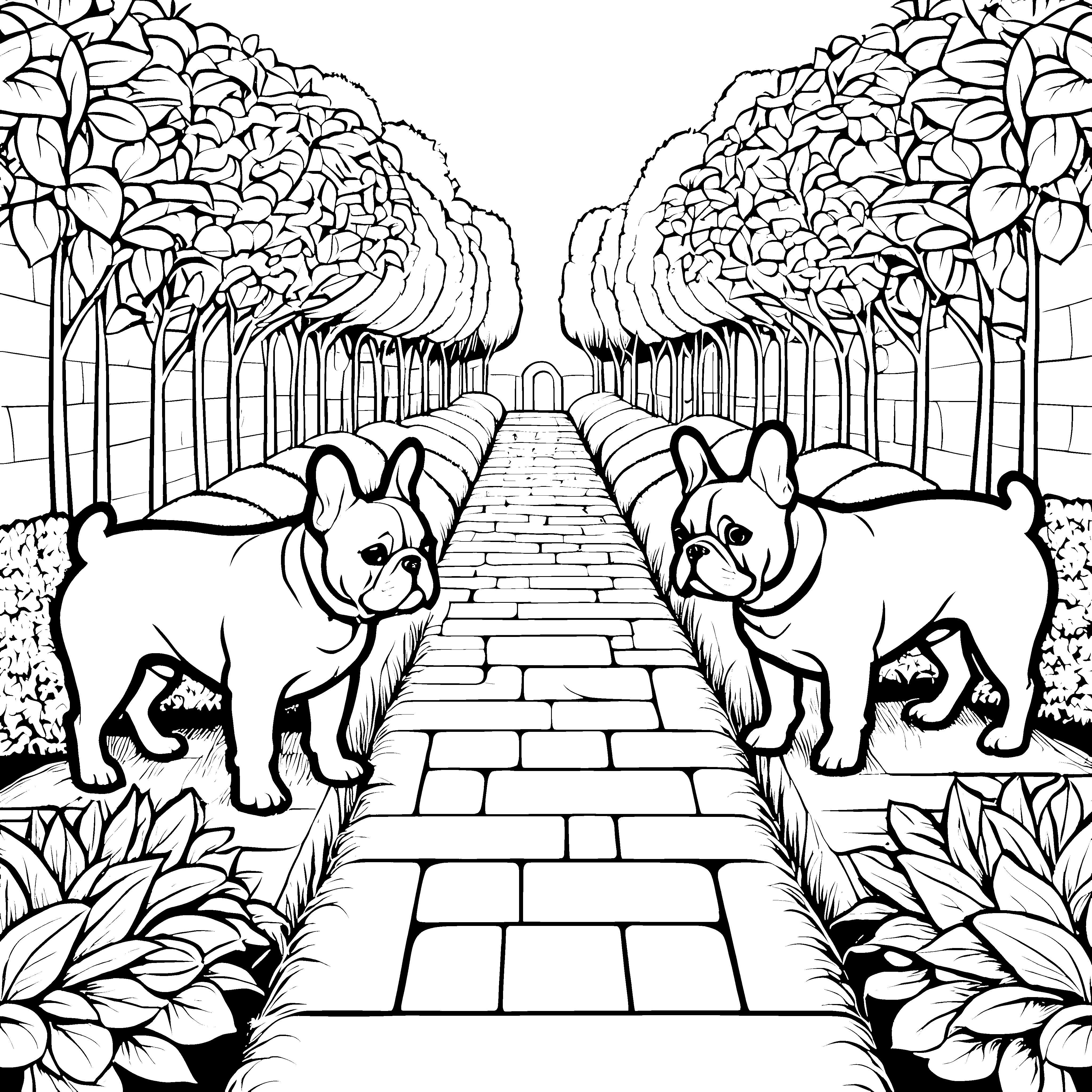 Zwei neugierige Französische Bulldoggen im Garten Ausmalbild für sanfte Tierfreunde