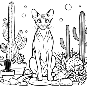 Sphynx Katze in blühendem Wüstenparadies Ausmalvorlage für abenteuerlustige Tierliebhaber