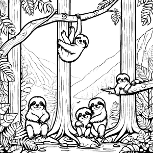 Fröhliche Faultierbabys in buntem Regenwald-Ausmalbild für junge Entdecker