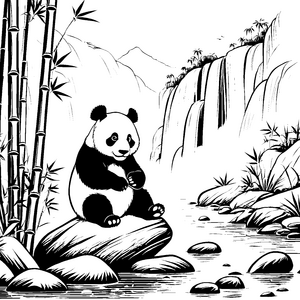 Verspielter Panda am plätschernden Wasserfall Ausmalbild für neugierige Naturfreunde