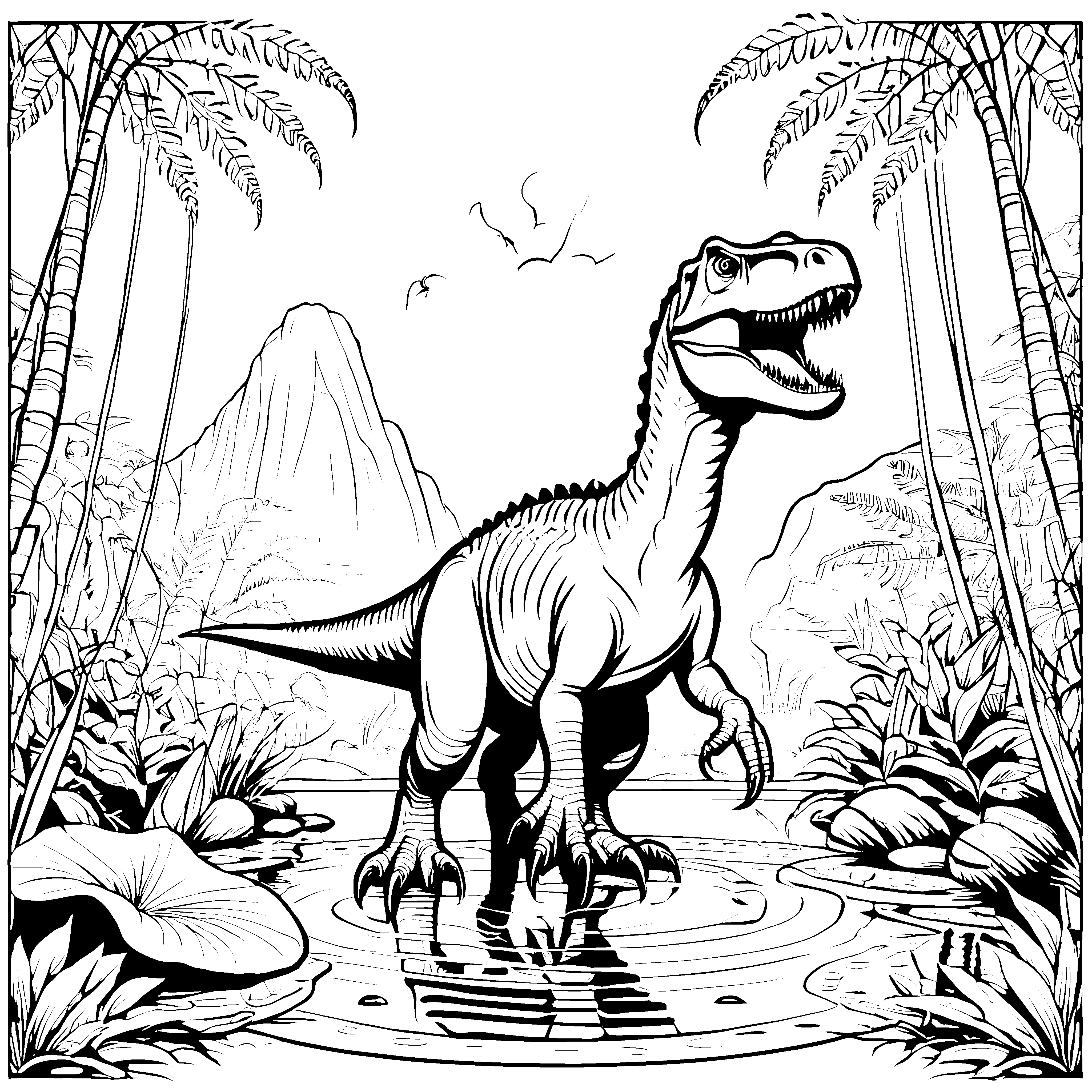 Majestätischer Tyrannosaurus Rex im Dschungel-Ausmalbild für neugierige Dino-Fans