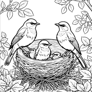 Fröhliche Vögel im gemütlichen Nest Ausmalbild für neugierige Naturentdecker