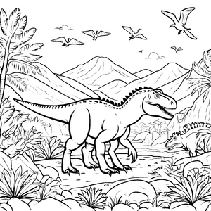 Allosaurus beim fröhlichen Abenteuer in der Urzeit Malvorlage für spannende Dino-Fans
