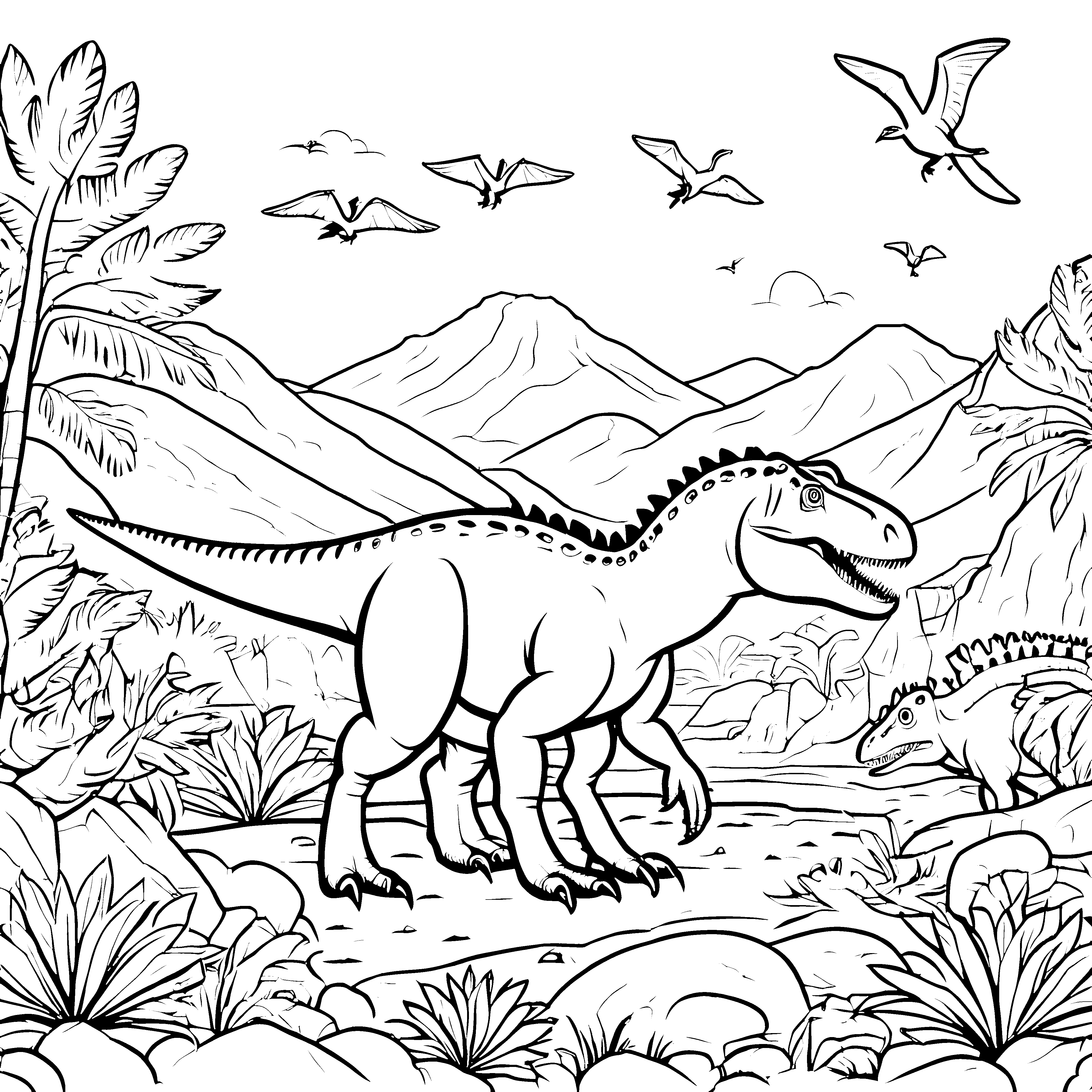 Allosaurus beim fröhlichen Abenteuer in der Urzeit Malvorlage für spannende Dino-Fans
