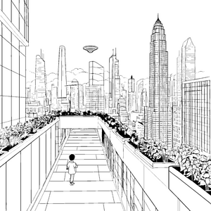 Futuristische Stadtlandschaft mit schwebendem UFO Ausmalmotiv für neugierige Entdecker