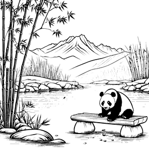 Verspielter Pandabär auf gemütlichem Holzsteg Ausmalvorlage für neugierige Naturfreunde