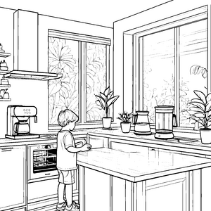Kaffeemaschinen in der modernen Küche Ausmalvorlage für kleine Genussforscher