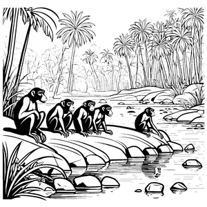 Fünf neugierige Bonobos am Flussufer Malvorlage für abenteuerliche Naturfreunde