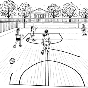Dynamische Basketballspielerinnen auf dem Spielfeld Malvorlage für sportbegeisterte Mädchen