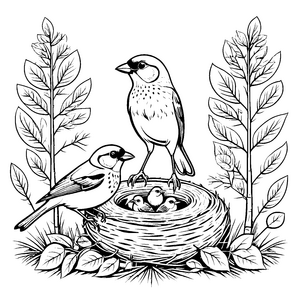 Fröhliche Vögel im gemütlichen Nest Ausmalmotiv für neugierige Naturfreunde