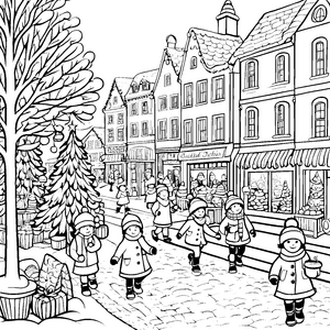 Frostige Kinder auf festlichem Weihnachtsmarkt Ausmalvorlage für fröhliche Entdecker