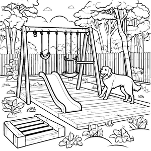 Fröhlicher Golden Retriever auf dem Spielplatz Ausmalvorlage für kleine Entdecker